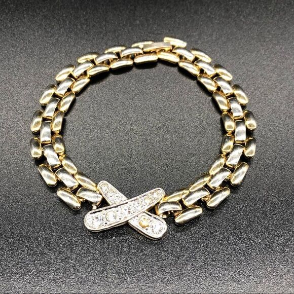 Gold Thick links Bracelet w/ Rhinestones - Picture 1 of 4